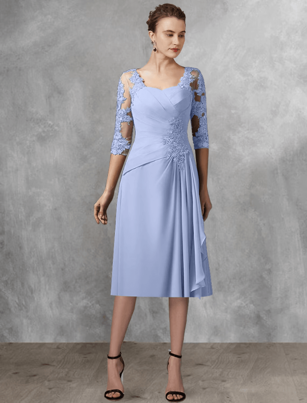 Zweiteiliges A-Linien-Kleid für die Mutter der Braut, Hochzeitsgast, eleganter quadratischer Ausschnitt, wadenlang, Chiffon, Spitze, halbe Ärmel, Wickeldesign inklusive Applikationen, seitlich drapiert