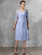 Zweiteiliges A-Linien-Kleid für die Mutter der Braut, Hochzeitsgast, eleganter quadratischer Ausschnitt, wadenlang, Chiffon, Spitze, halbe Ärmel, Wickeldesign inklusive Applikationen, seitlich drapiert