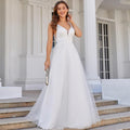 Hochzeitskleid mit tiefem V-Ausschnitt, ärmellos, Applikationen, weicher Tüll, A-Linie, Brautkleider 
