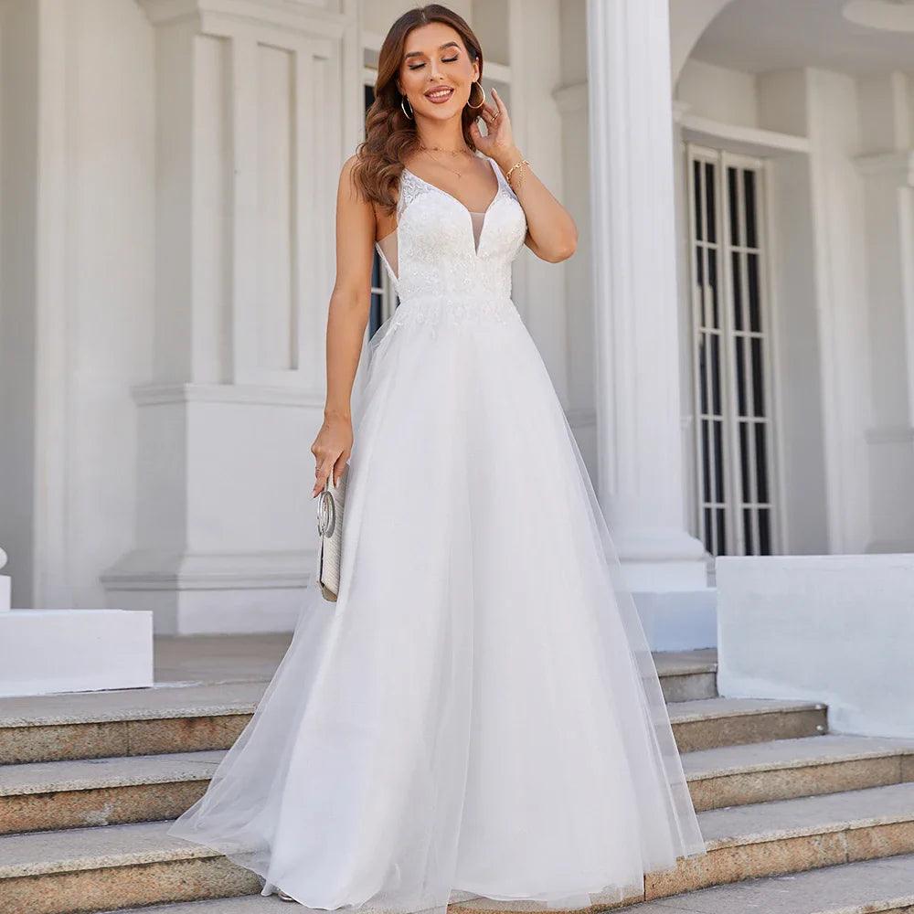 Hochzeitskleid mit tiefem V-Ausschnitt, ärmellos, Applikationen, weicher Tüll, A-Linie, Brautkleider 