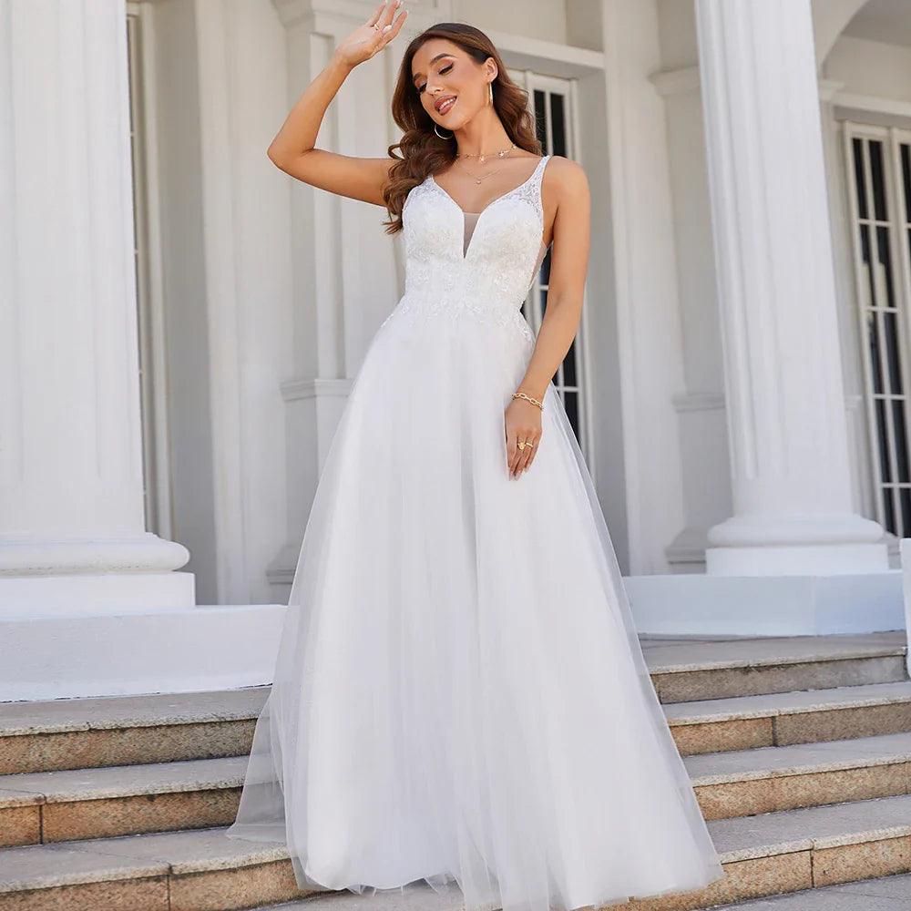 Hochzeitskleid mit tiefem V-Ausschnitt, ärmellos, Applikationen, weicher Tüll, A-Linie, Brautkleider 
