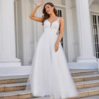 Hochzeitskleid mit tiefem V-Ausschnitt, ärmellos, Applikationen, weicher Tüll, A-Linie, Brautkleider 