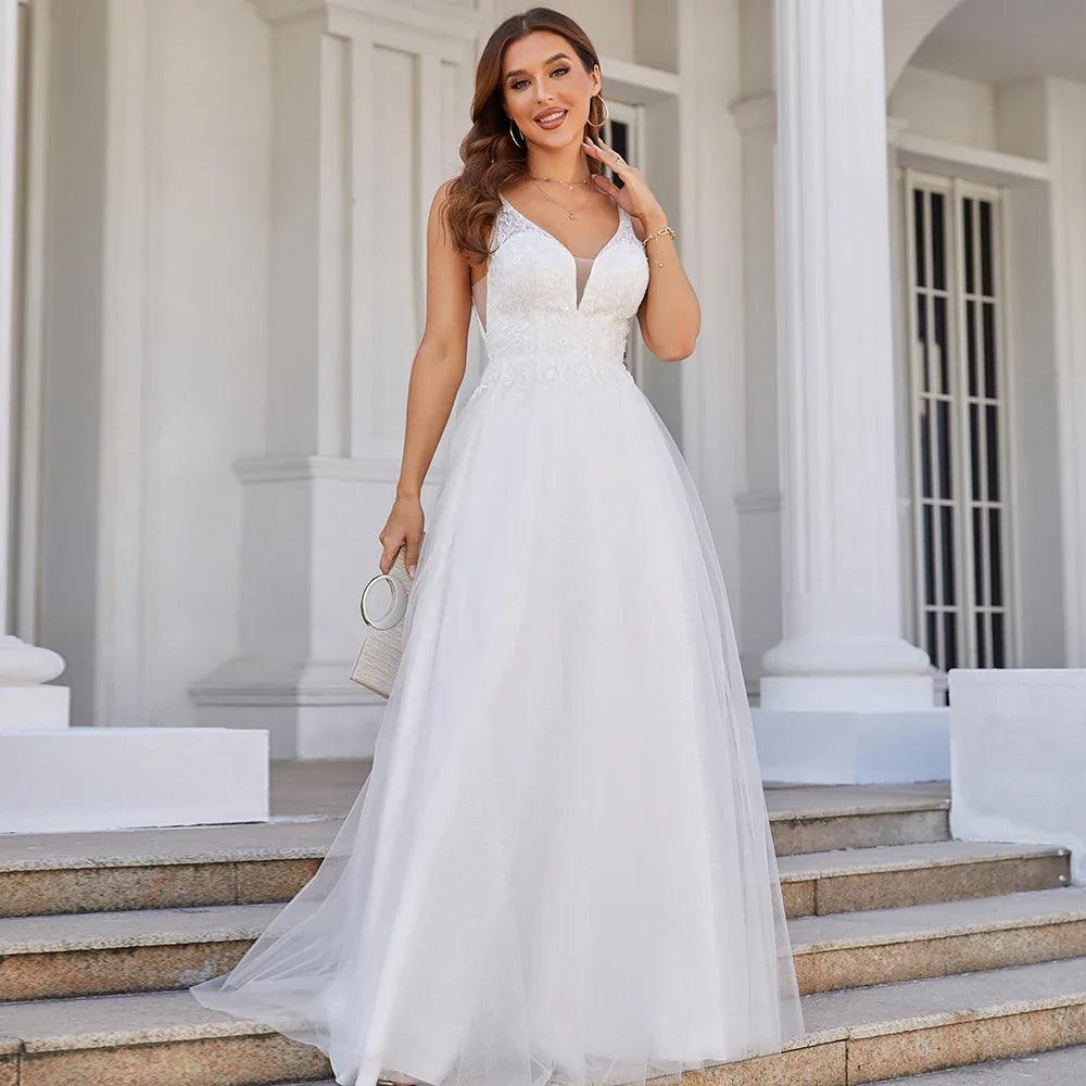 Hochzeitskleid mit tiefem V-Ausschnitt, ärmellos, Applikationen, weicher Tüll, A-Linie, Brautkleider 