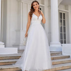 Hochzeitskleid mit tiefem V-Ausschnitt, ärmellos, Applikationen, weicher Tüll, A-Linie, Brautkleider 