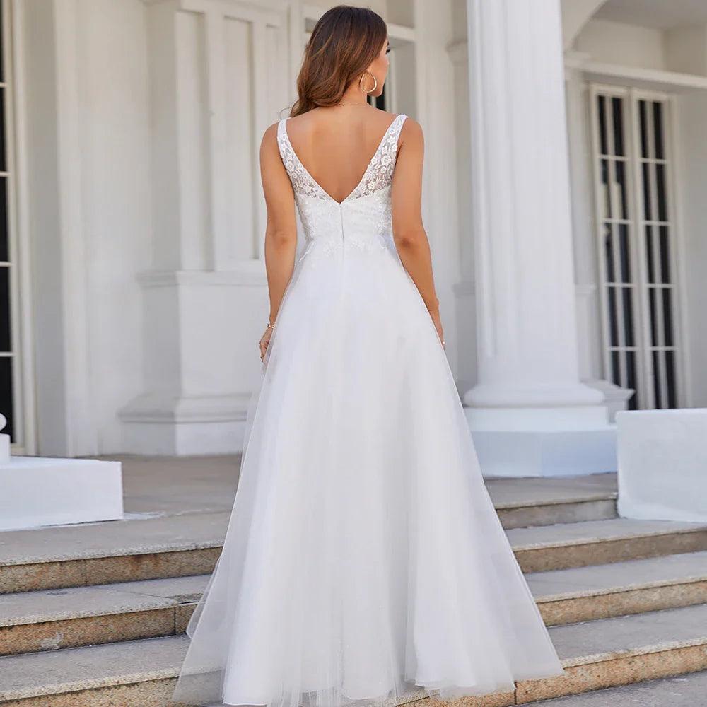 Hochzeitskleid mit tiefem V-Ausschnitt, ärmellos, Applikationen, weicher Tüll, A-Linie, Brautkleider 