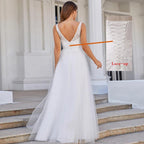 Hochzeitskleid mit tiefem V-Ausschnitt, ärmellos, Applikationen, weicher Tüll, A-Linie, Brautkleider 