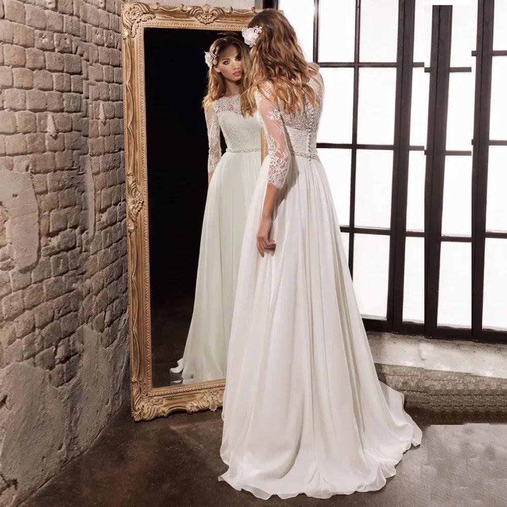 Vestidos de novia con mangas tres cuartos, parte superior de encaje, vestidos de gasa con fajas de cuentas 