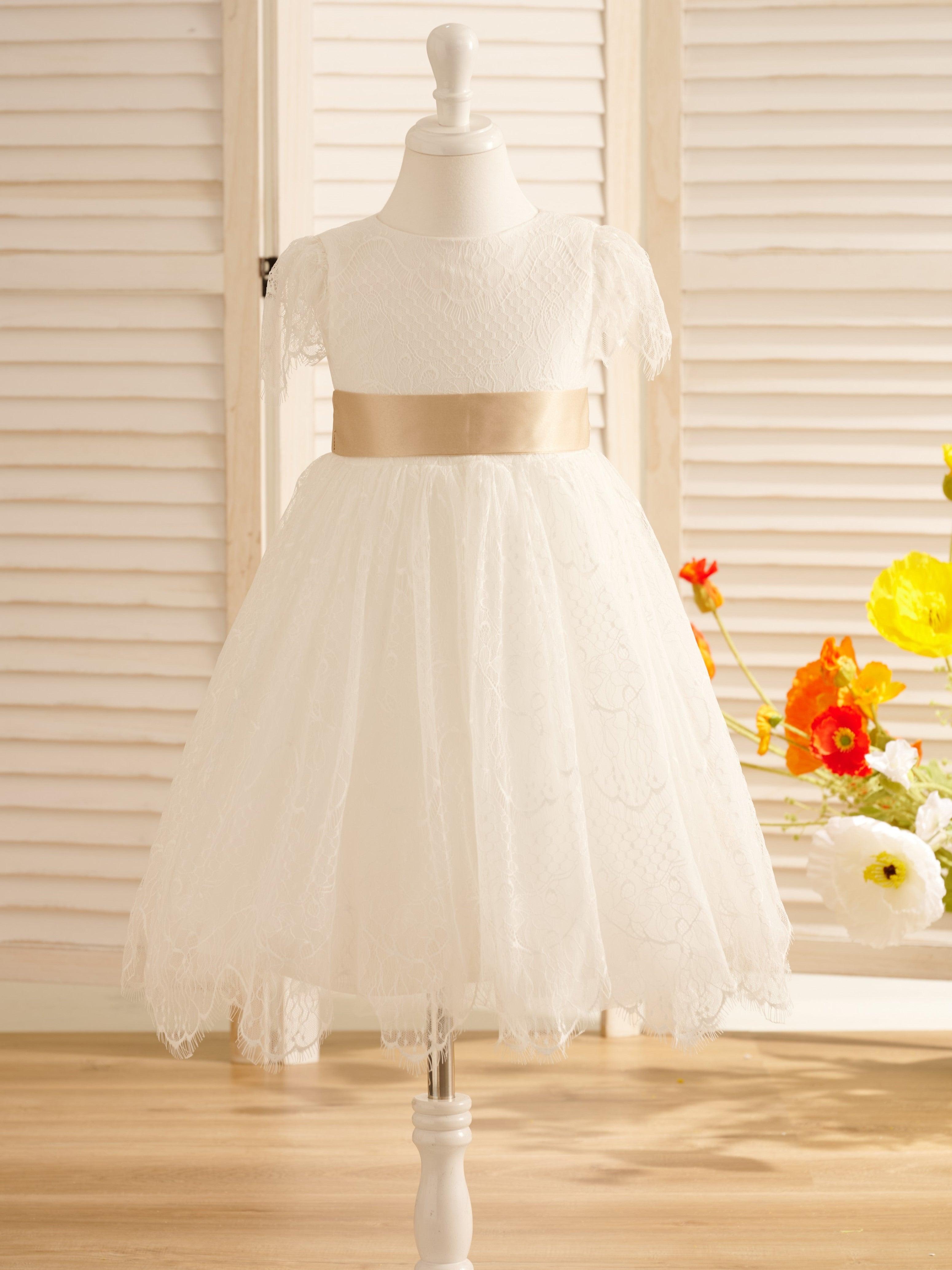 Vestido de niña de las flores de primera comunión color marfil con encaje 