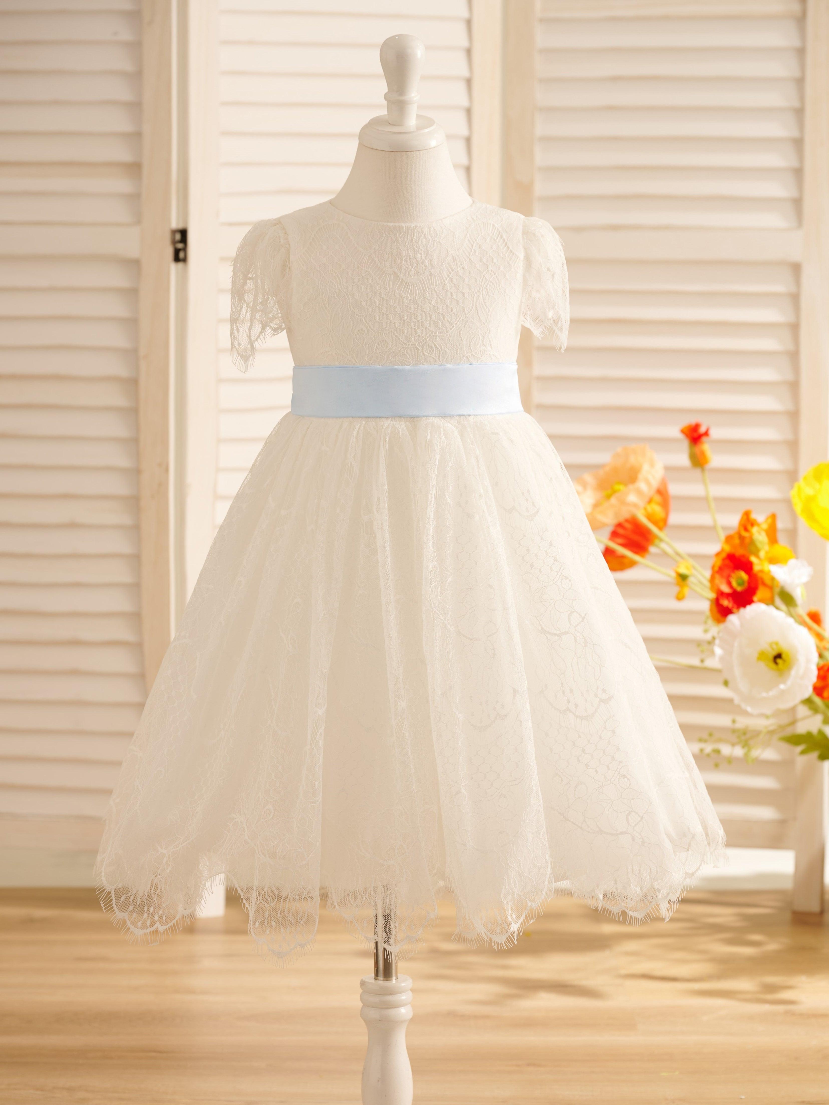Vestido de niña de las flores de primera comunión color marfil con encaje 