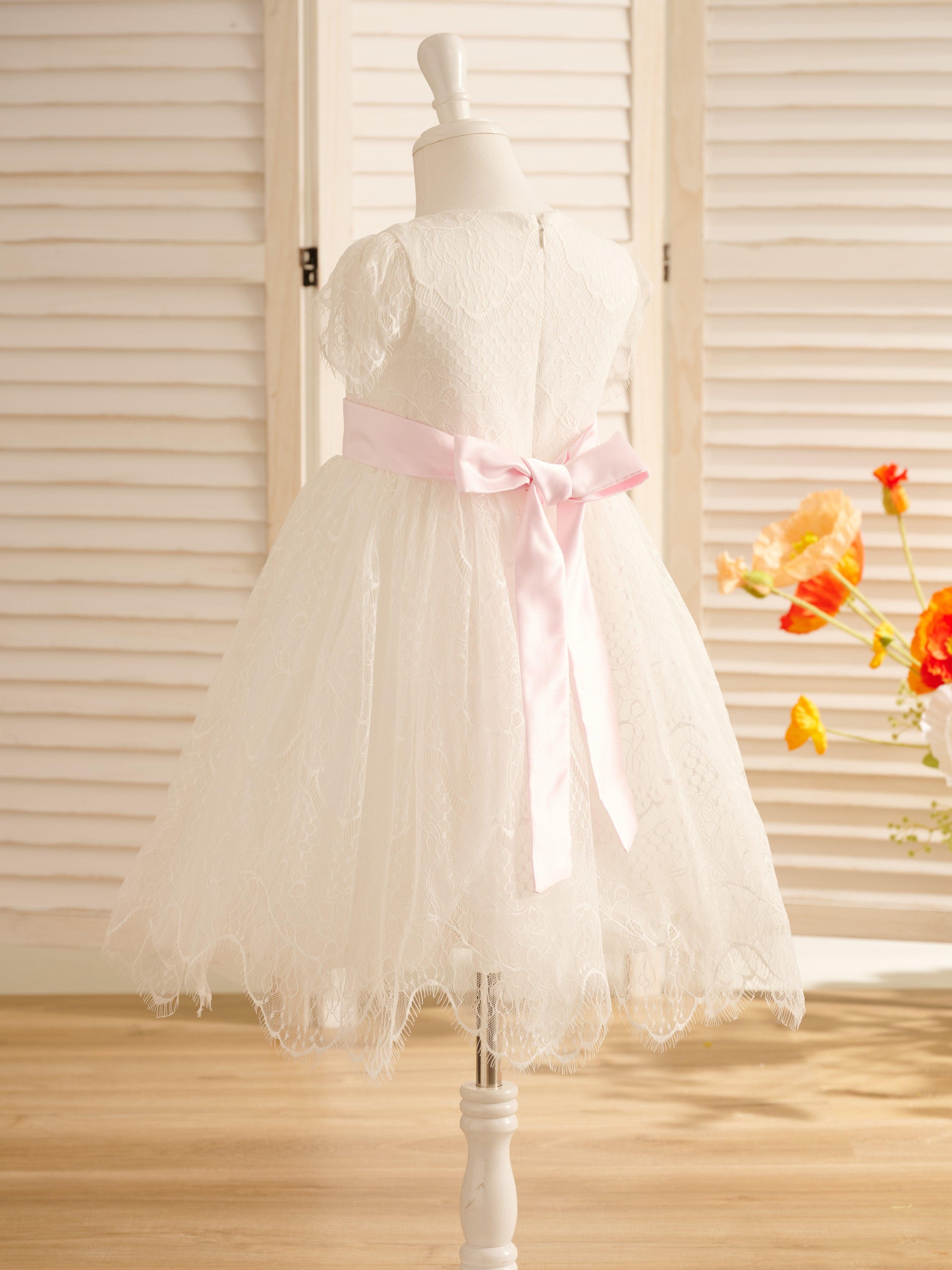 Vestido de niña de las flores de primera comunión color marfil con encaje 