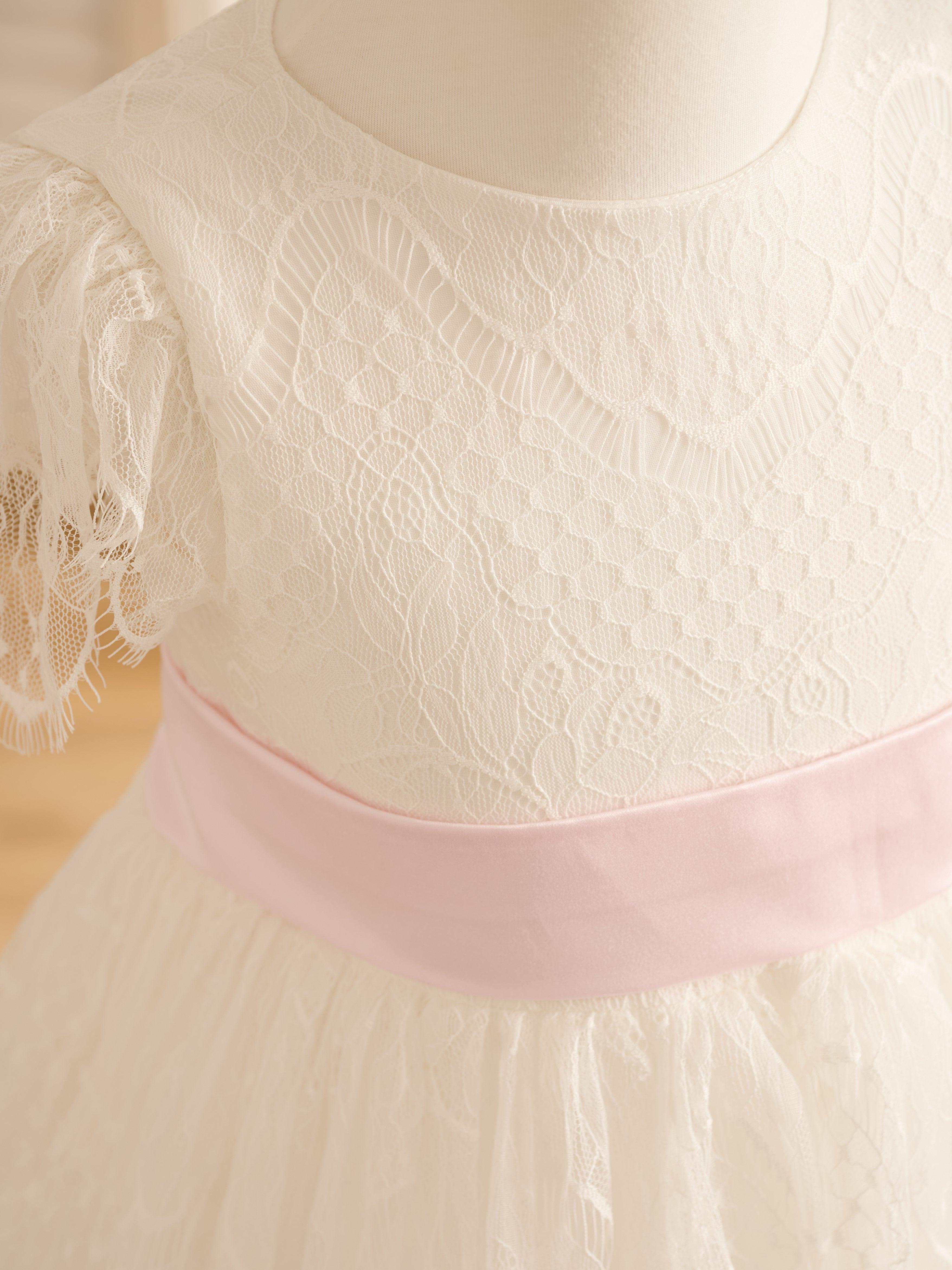 Vestido de niña de las flores de primera comunión color marfil con encaje 