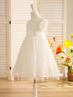 Vestido de niña de las flores de primera comunión color marfil con encaje 
