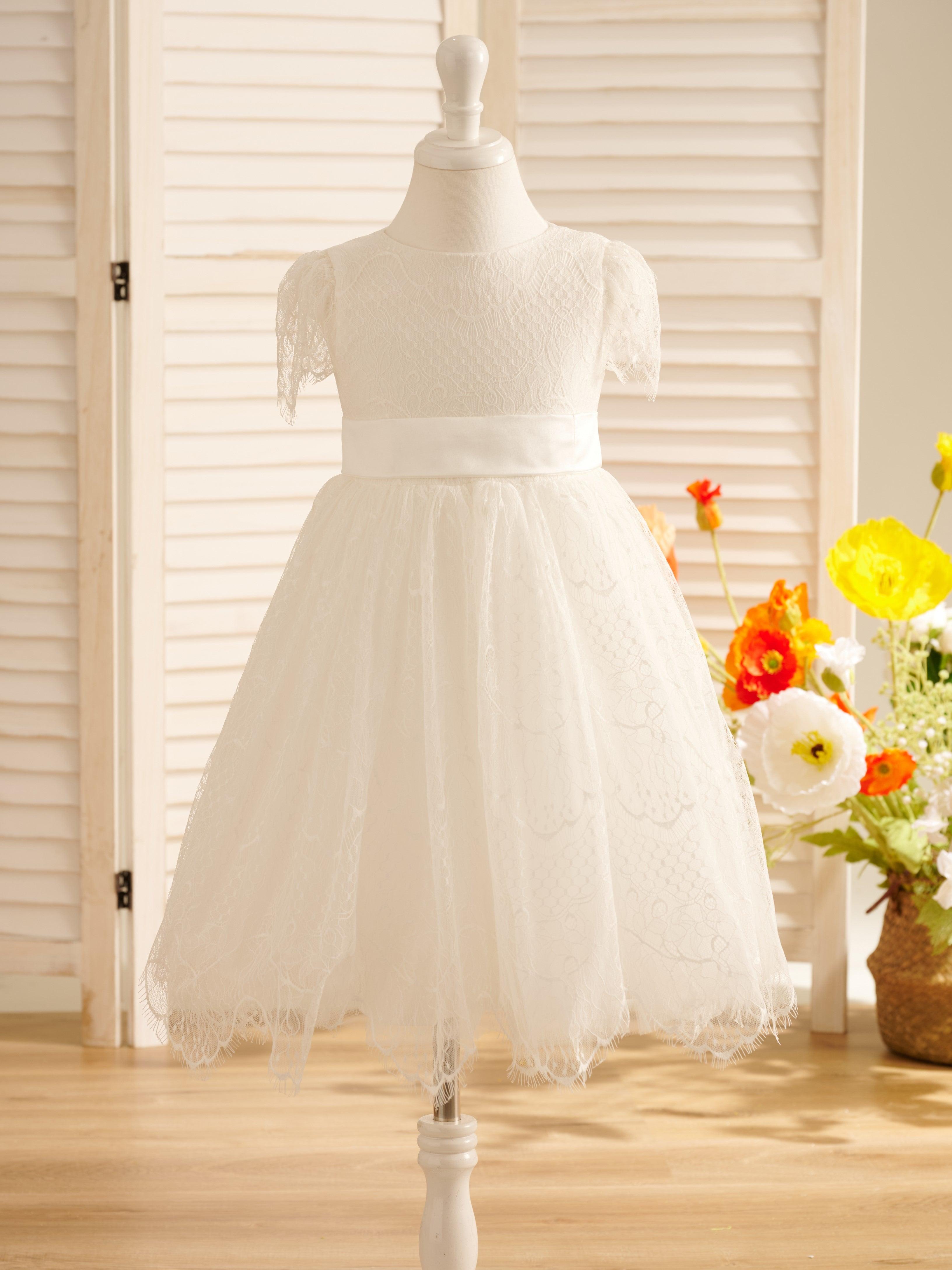 Vestido de niña de las flores de primera comunión color marfil con encaje 
