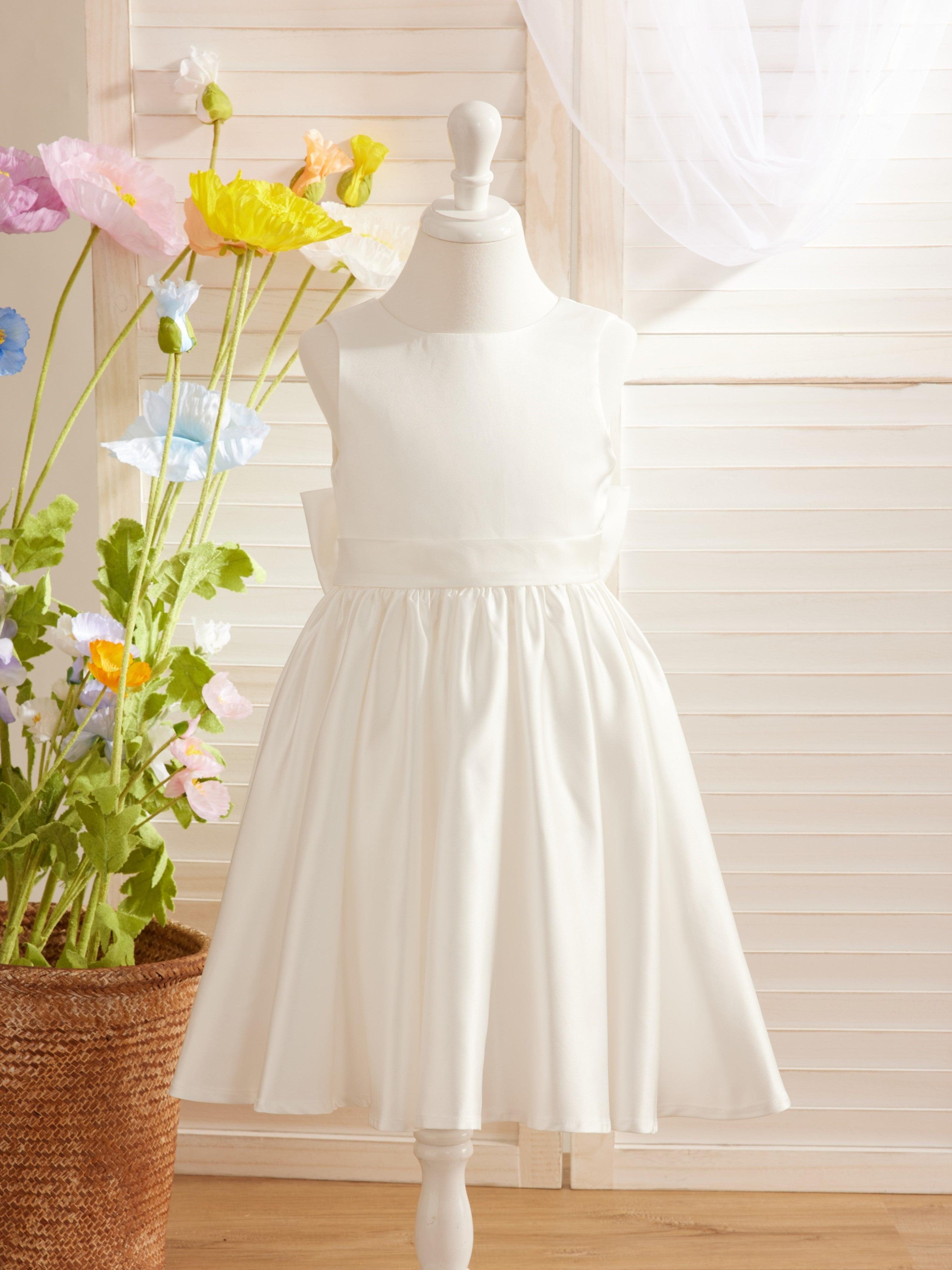Elegantes A-Linien-Satin-Kleid mit V-Rücken und Schleife, knielang, Blumenmädchenkleid