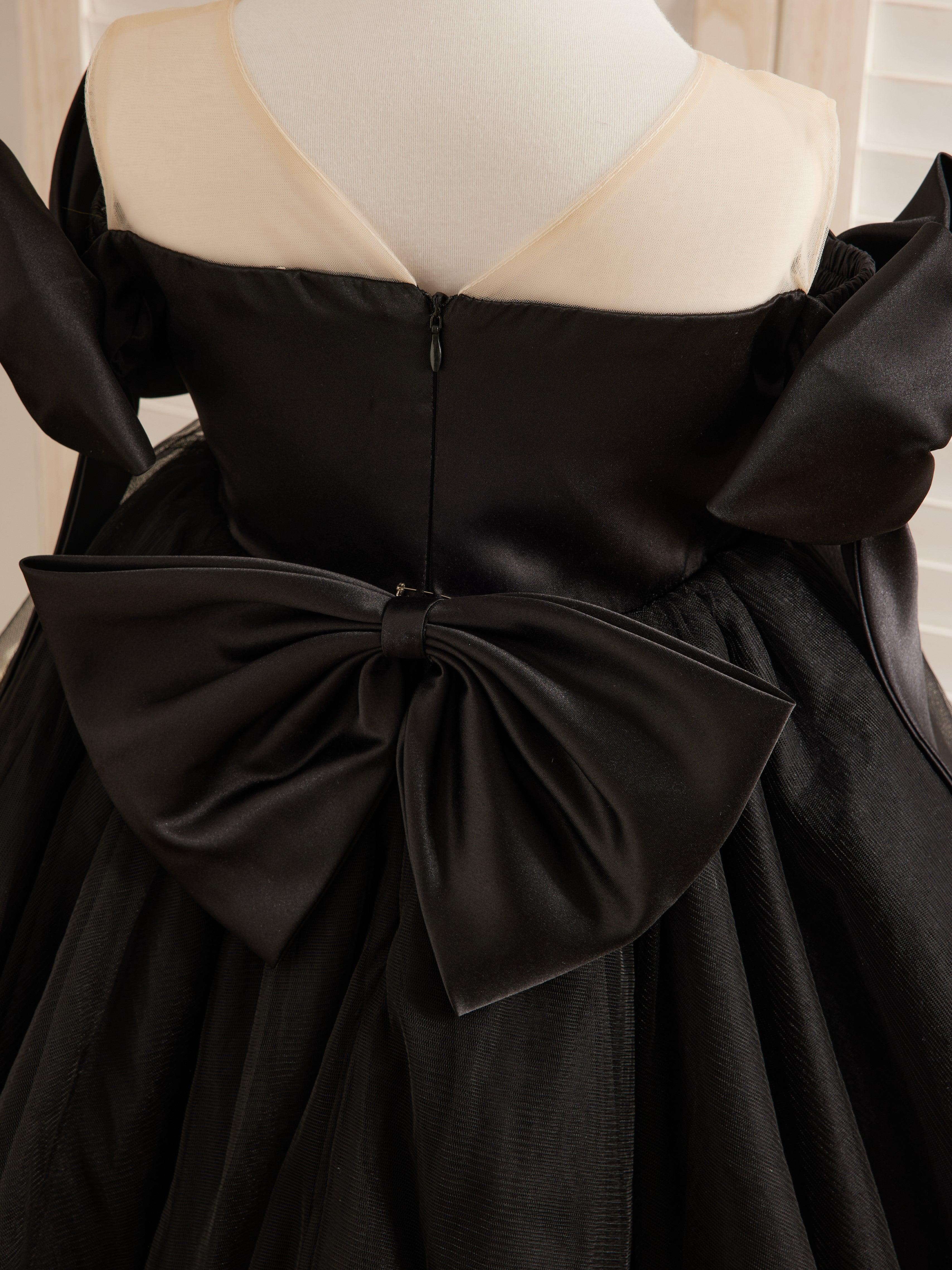 Vestido de tul negro hasta la rodilla con hombros descubiertos para niña 