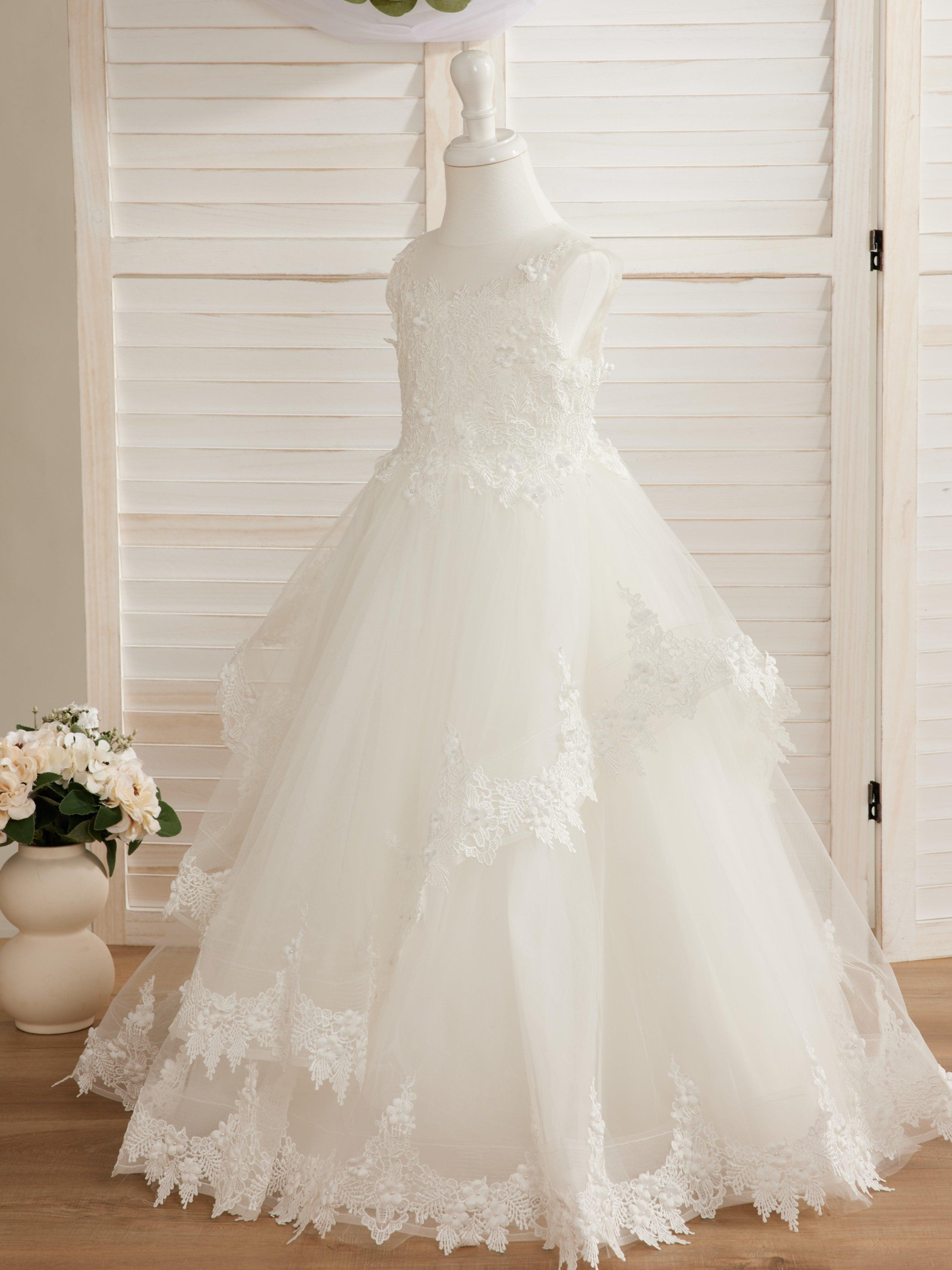 Vestido de princesa de tul sin mangas con apliques de encaje y cola larga para niñas 