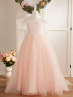 Vestido de princesa para primera comunión de niña de las flores, color marfil, con cola desmontable 