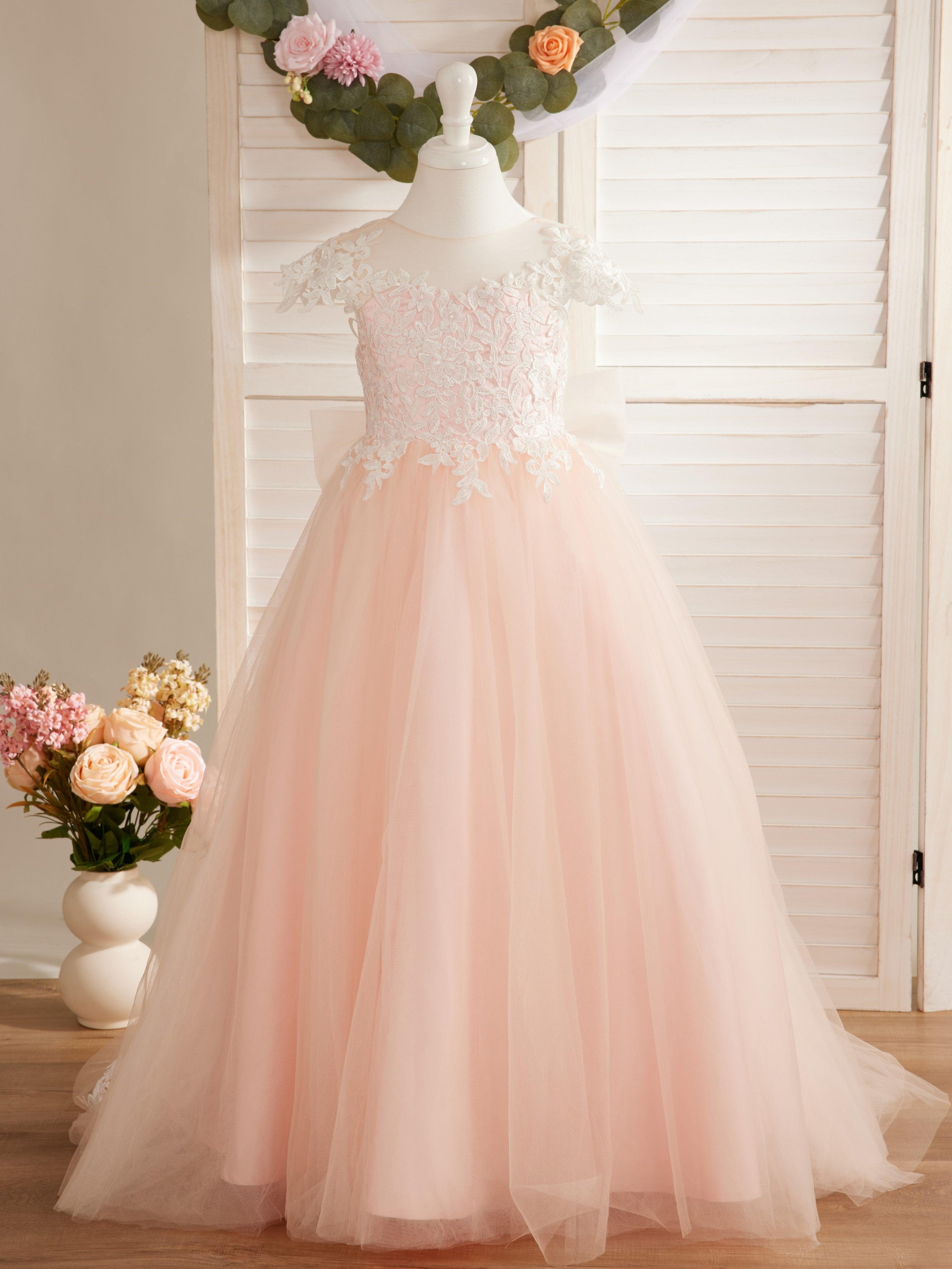 Vestido de princesa para primera comunión de niña de las flores, color marfil, con cola desmontable 