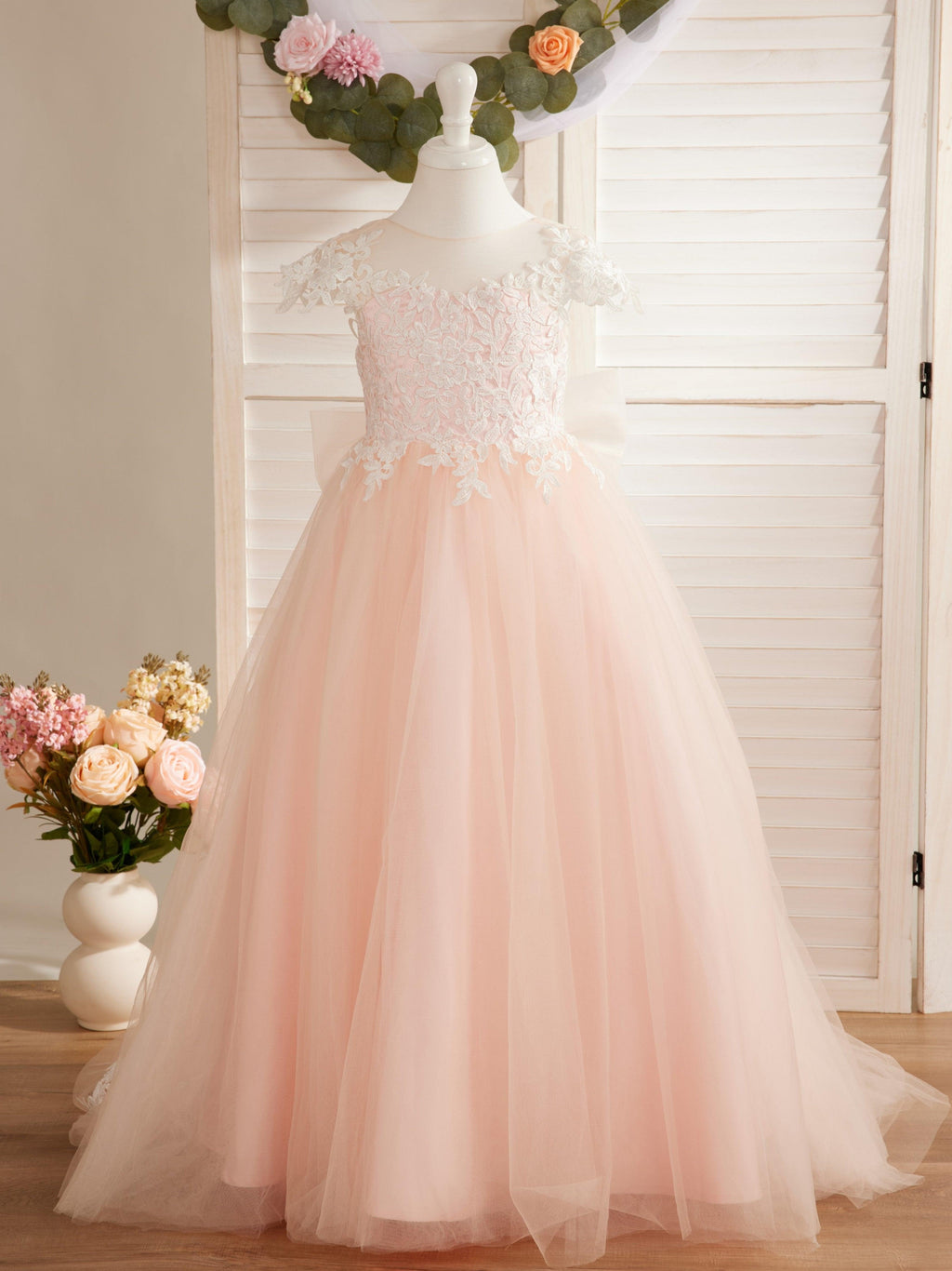 Vestido de princesa para primera comunión de niña de las flores, color marfil, con cola desmontable 