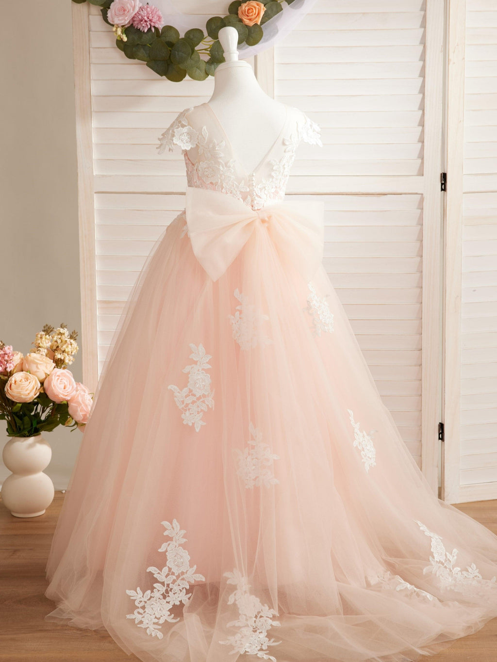 Vestido de princesa para primera comunión de niña de las flores, color marfil, con cola desmontable 