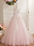 Vestido de princesa rosa para niña con apliques de encaje 