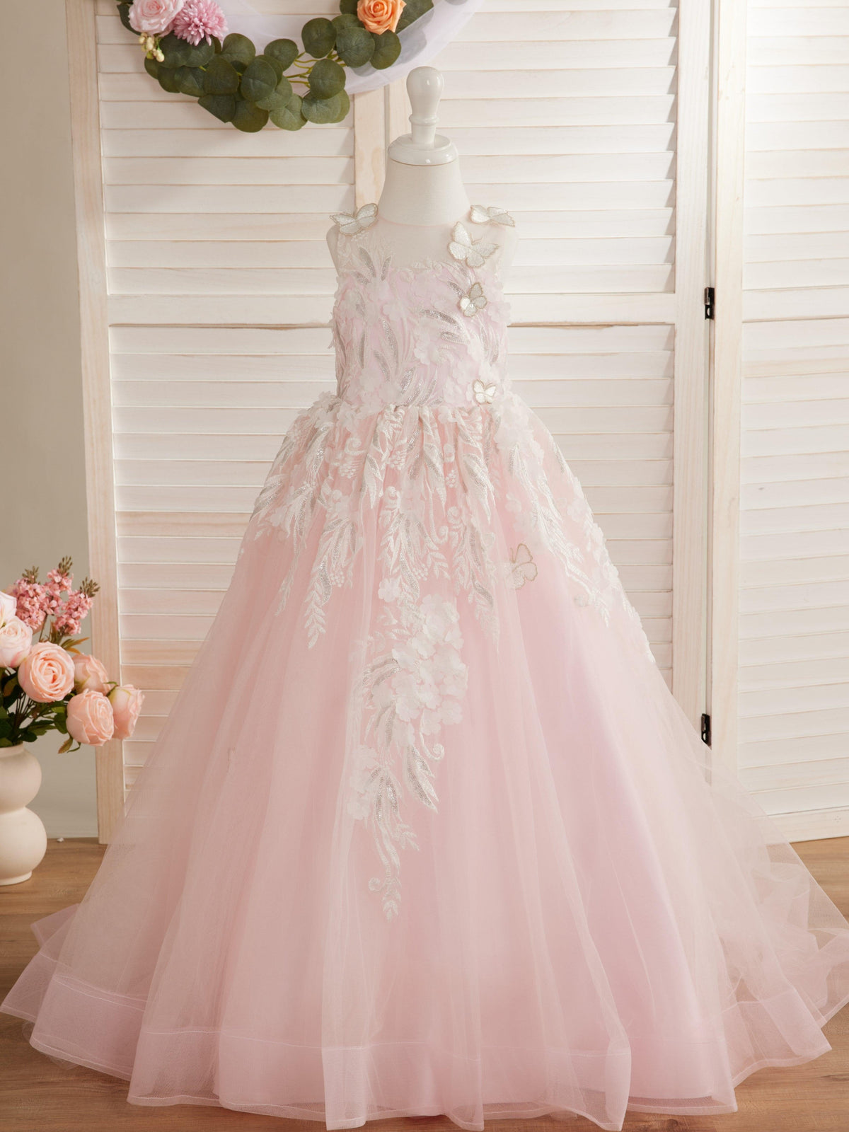 Vestido de princesa rosa para niña con apliques de encaje 
