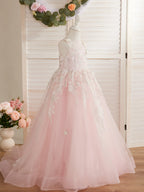 Vestido de princesa rosa para niña con apliques de encaje 