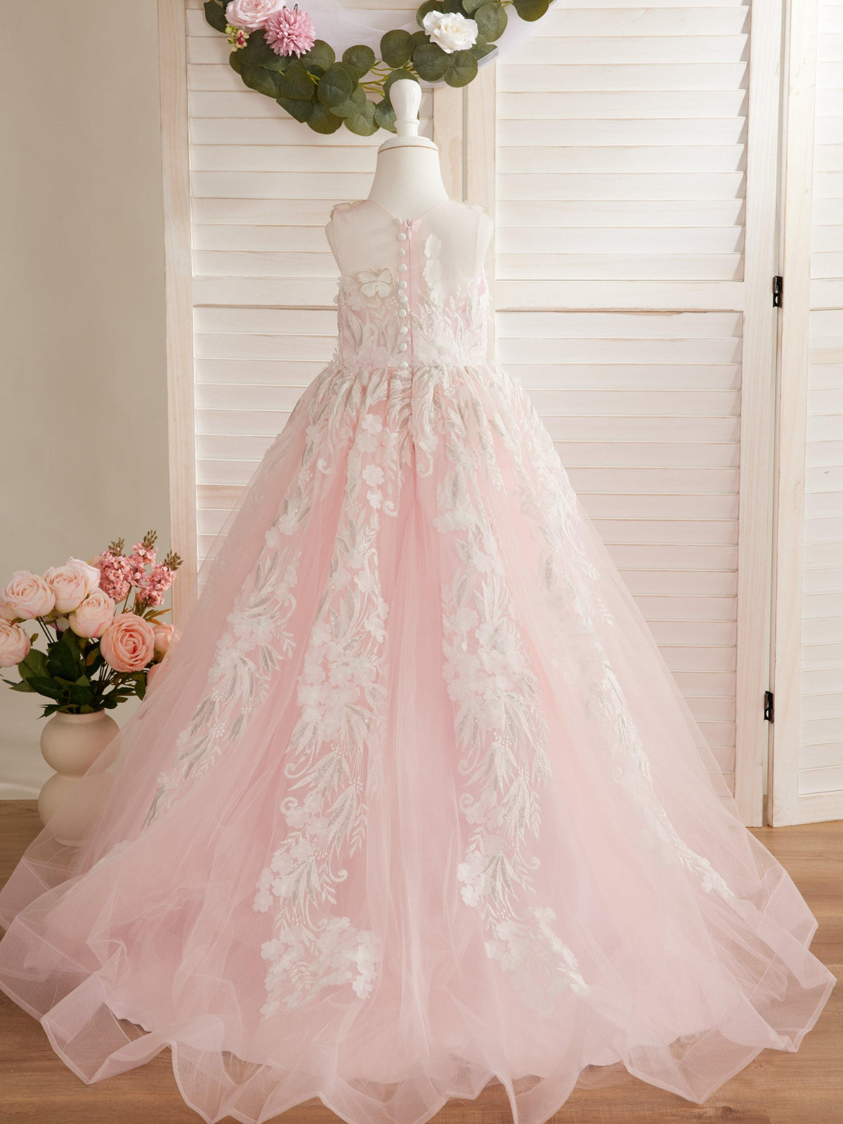 Vestido de princesa rosa para niña con apliques de encaje 
