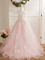 Vestido de princesa rosa para niña con apliques de encaje 