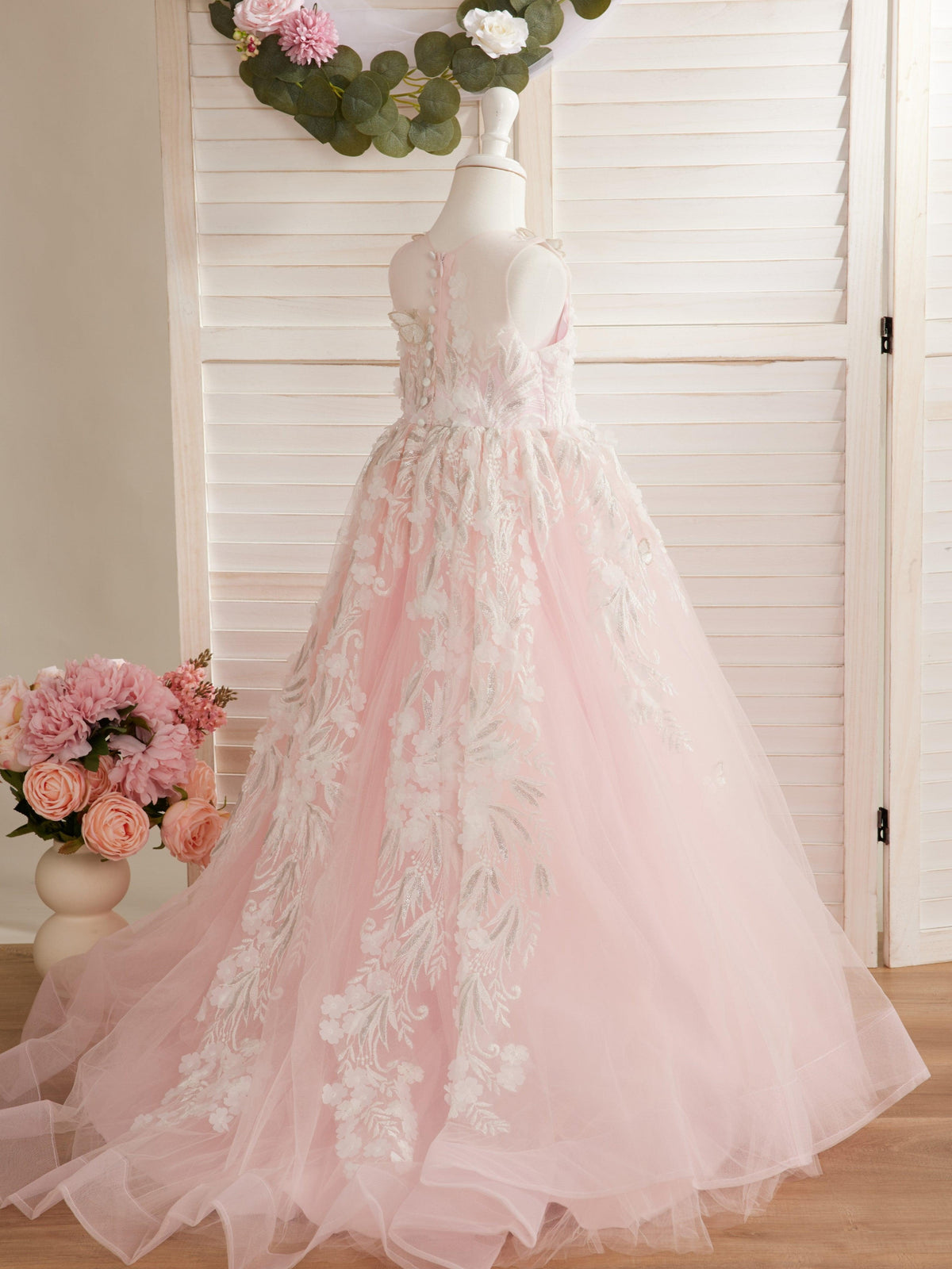 Vestido de princesa rosa para niña con apliques de encaje 