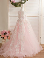 Vestido de princesa rosa para niña con apliques de encaje 