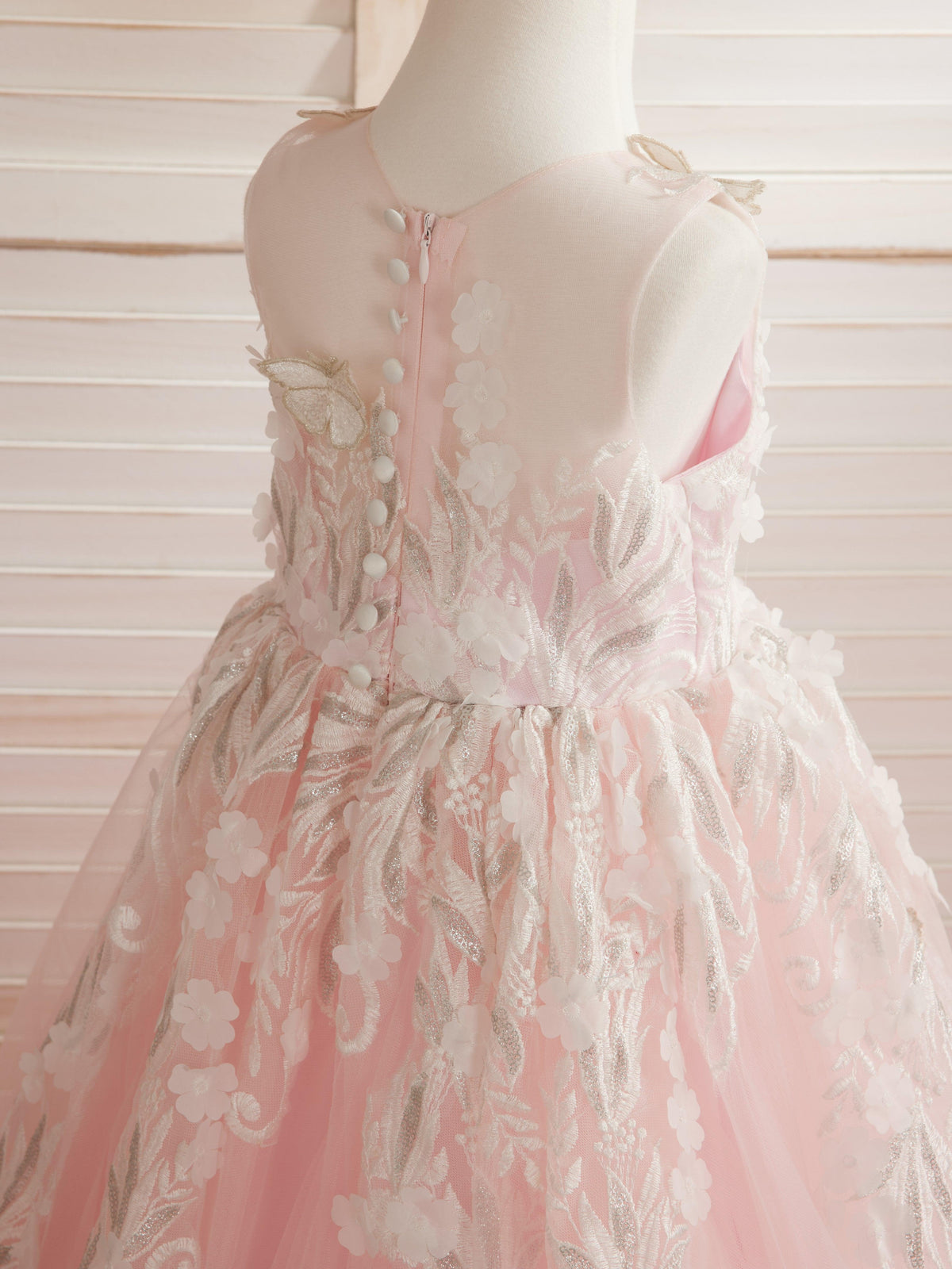 Vestido de princesa rosa para niña con apliques de encaje 