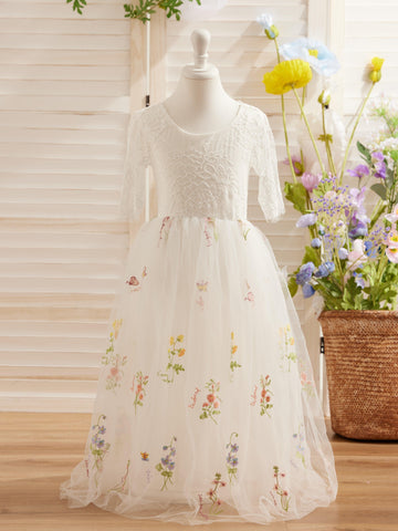 Sage Scoop Neck Cloth Surface and Tulle Flower Girl Dress (2003227581)