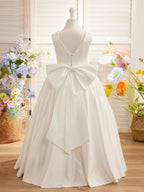 Sleeveless Satin Beaded Neckline and Bow Detail Dress
