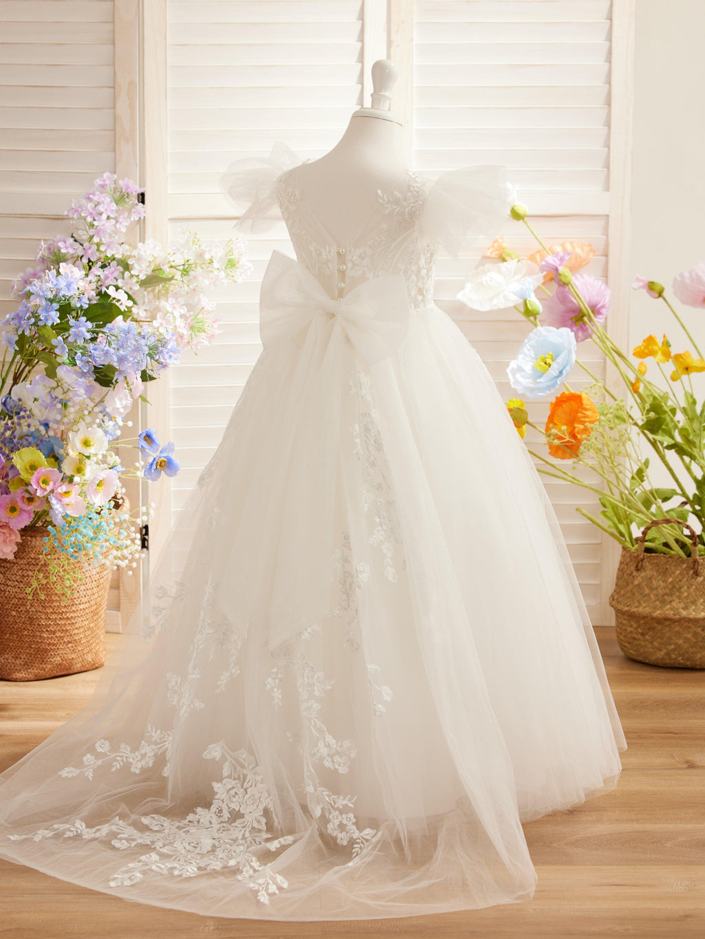 Vestido de niña de las flores con cola larga y tul con encaje desmontable 