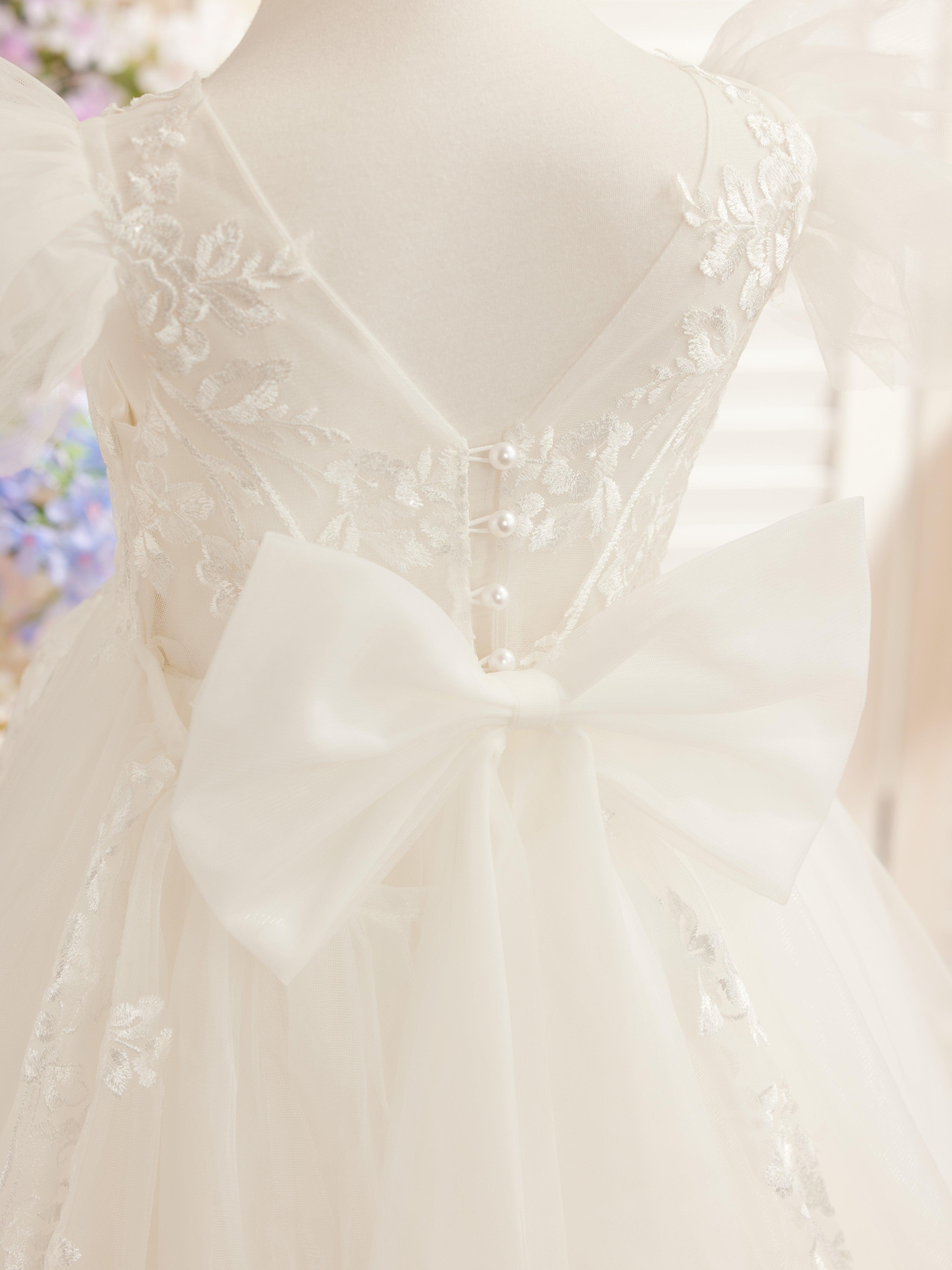 Vestido de niña de las flores con cola larga y tul con encaje desmontable 