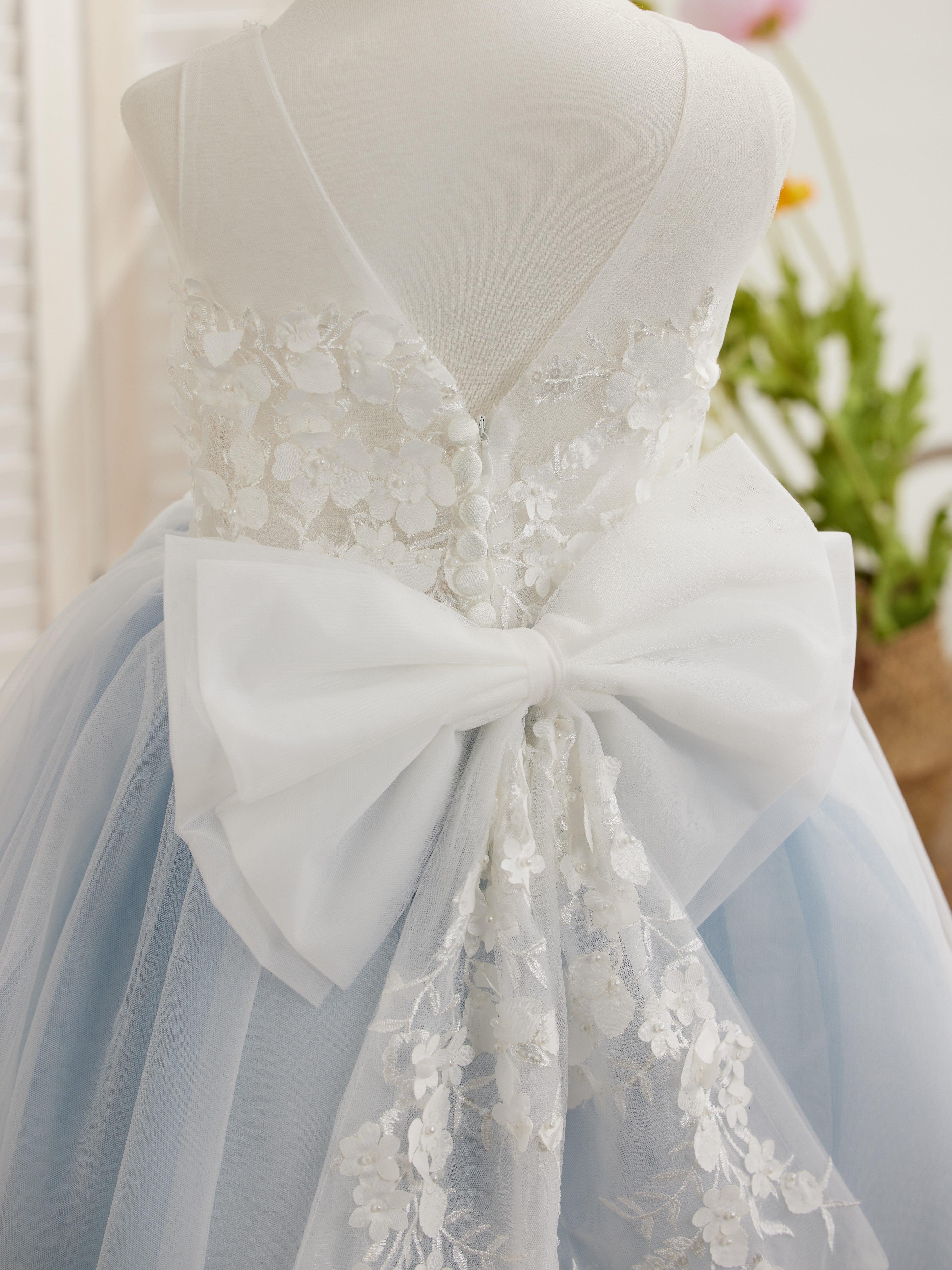 Vestido largo hasta la rodilla con encaje floral y lazo grande 