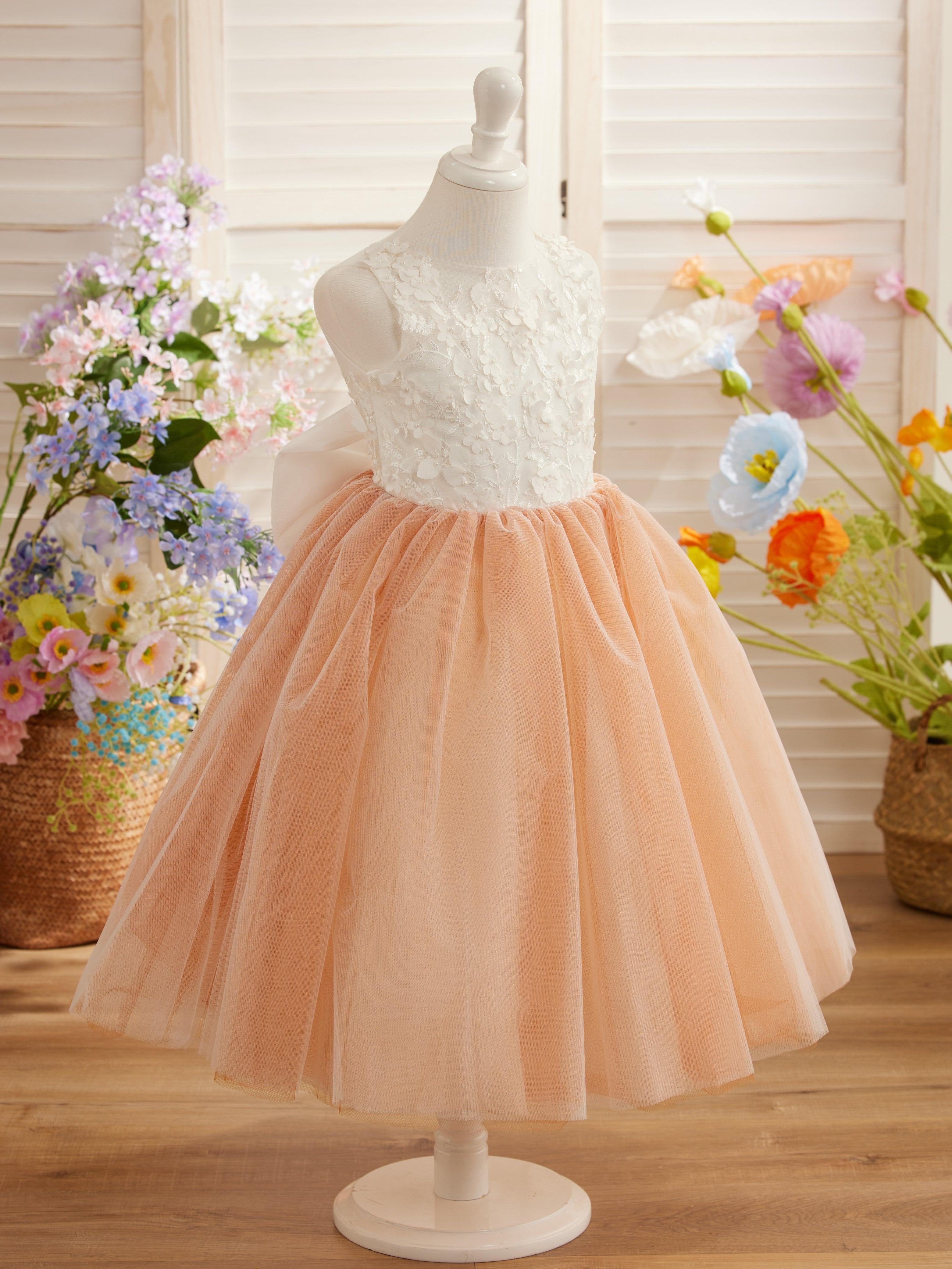 Vestido largo hasta la rodilla con encaje floral y lazo grande 