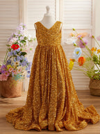 Deslumbrante vestido de princesa con lentejuelas rojas, escote en V y cola de corte para niñas 