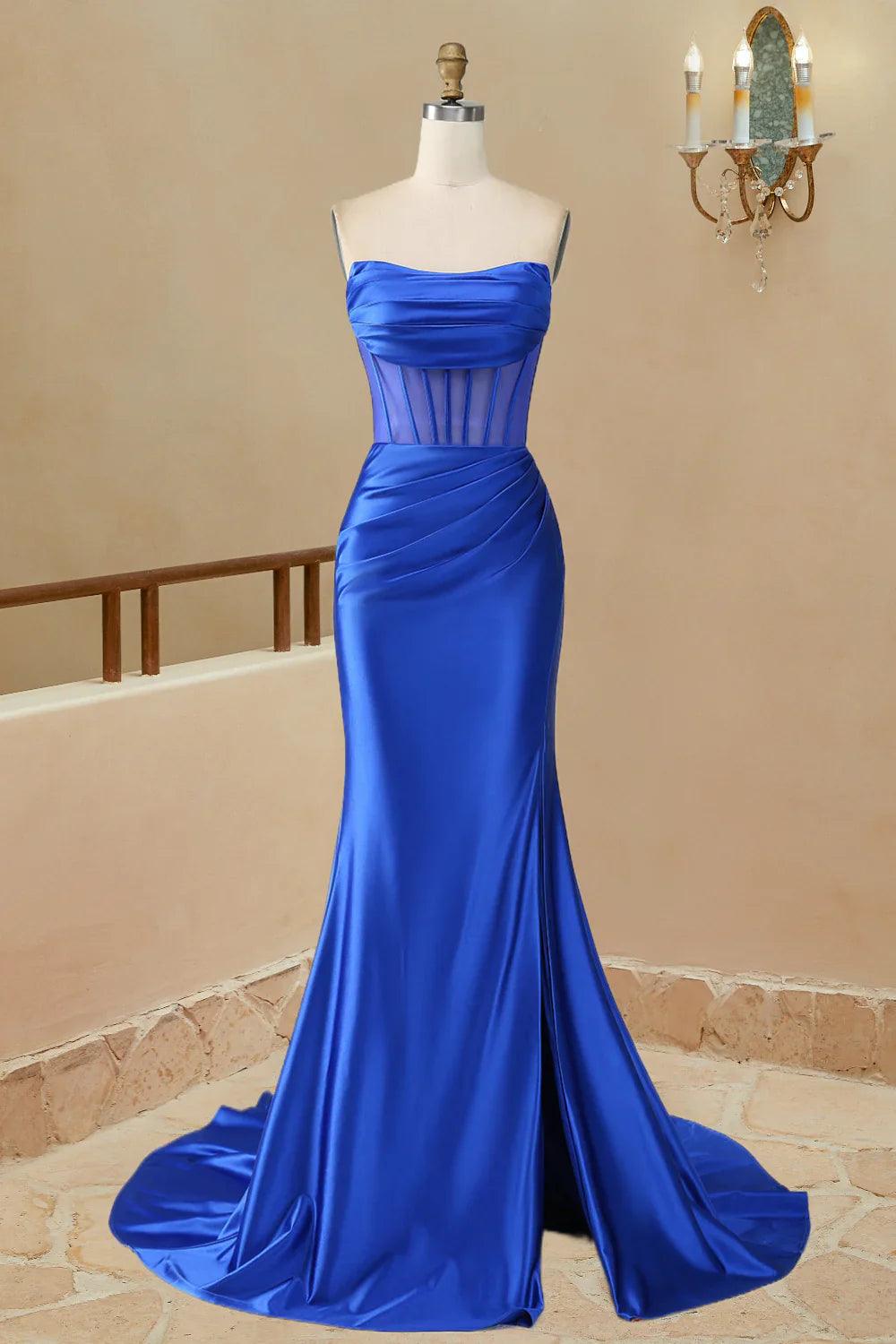 Vestido de fiesta tubo de satén sin tirantes plisado largo con abertura
