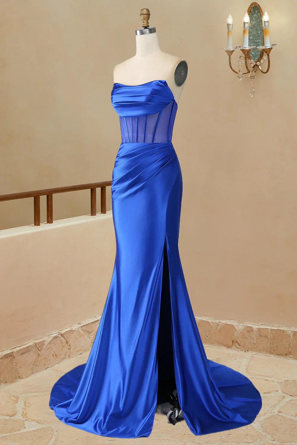 Vestido de fiesta tubo de satén sin tirantes plisado largo con abertura