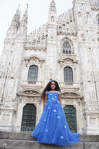 Vestido de princesa para niña de las flores con apliques y lazo azul real 