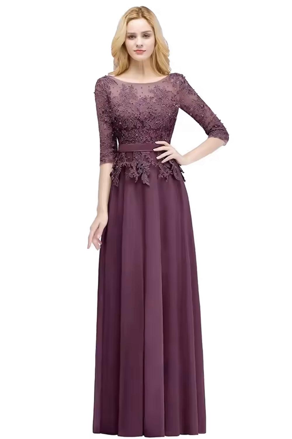 Numbersea A-line Floor Length Half Sleeves Appliques Bridesmaid Dresses with Sash