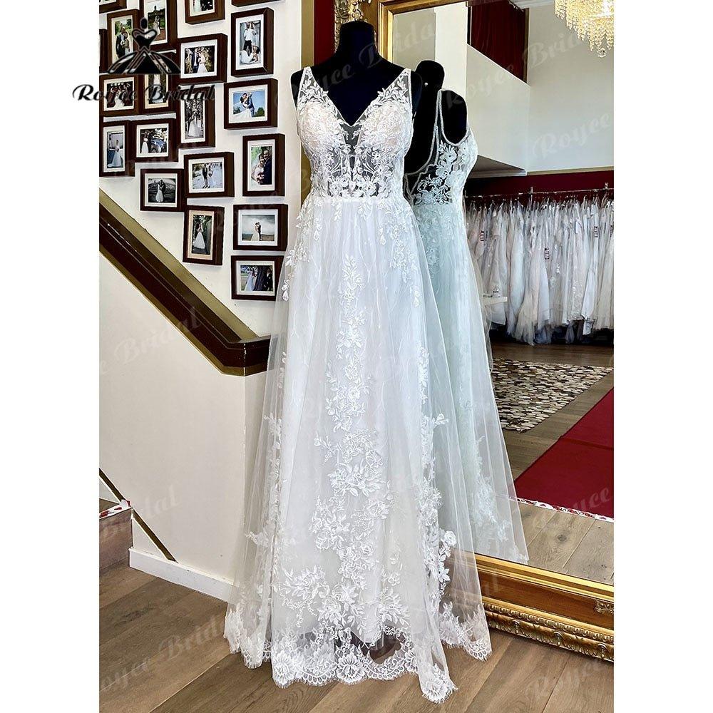 NumberSea-2025 Lace Appliques A Line Boho Wedding Dress with V Neck Open Back Bridal Gowns for Women Beach vestido invitada boda Vintage Ivory / 26W NumberSea-2025 Lace Appliques A Line Boho Wedding Dress with V Neck Open Back Bridal Gowns for Women Beach vestido invitada boda Vintage Ivory / 26W