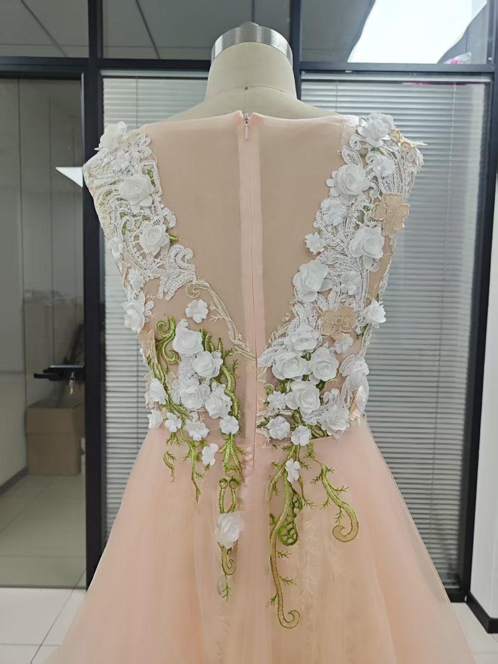 NumberSea Elegantes Tüll A-Linie V-Ausschnitt Blumenspitze Brautkleid MW1009