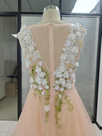 NumberSea Elegantes Tüll A-Linie V-Ausschnitt Blumenspitze Brautkleid MW1009