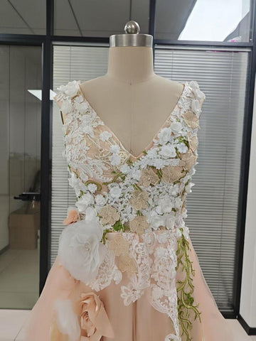 NumberSea Elegant Tulle A-line V-neck Floral Lace Wedding Dresses, Bridal Gown, MW1009