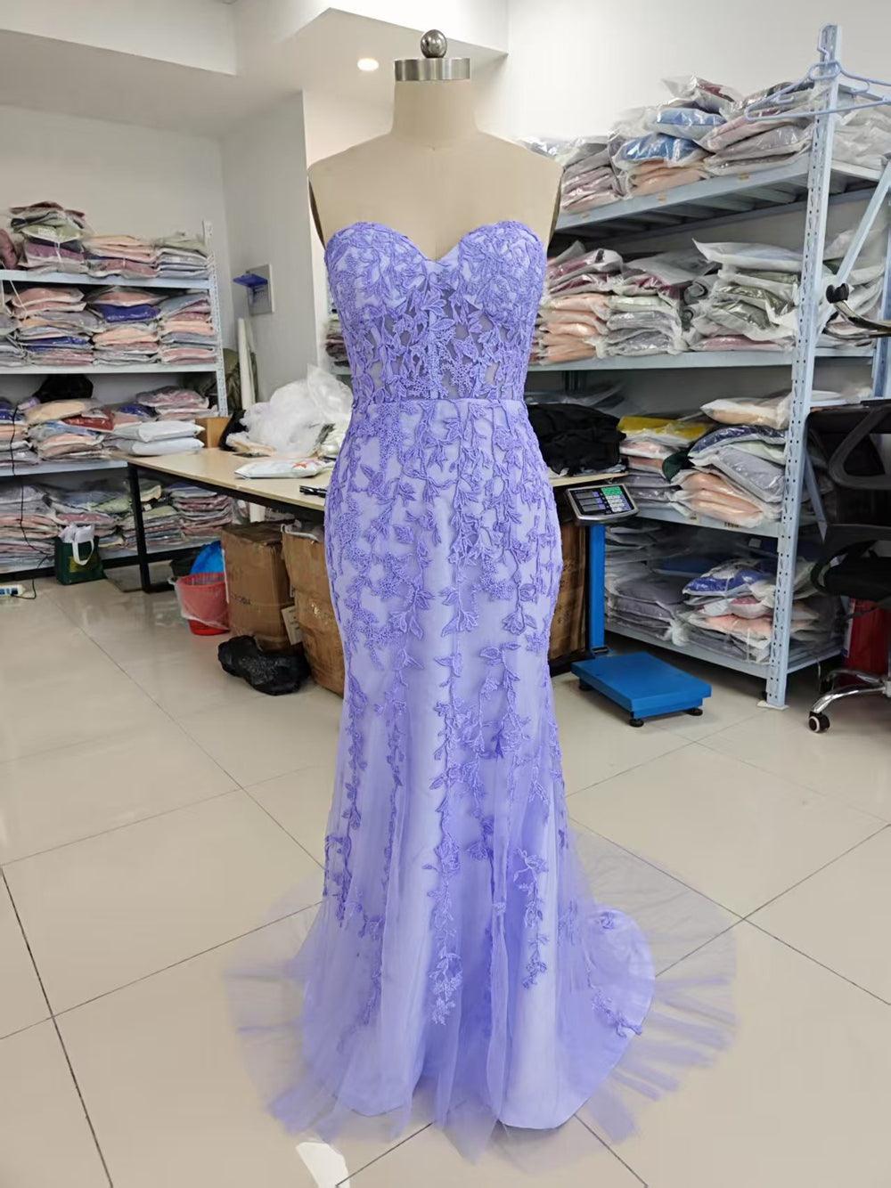 Vestido de fiesta largo morado con escote corazón y encaje de sirena, vestido formal PSK365