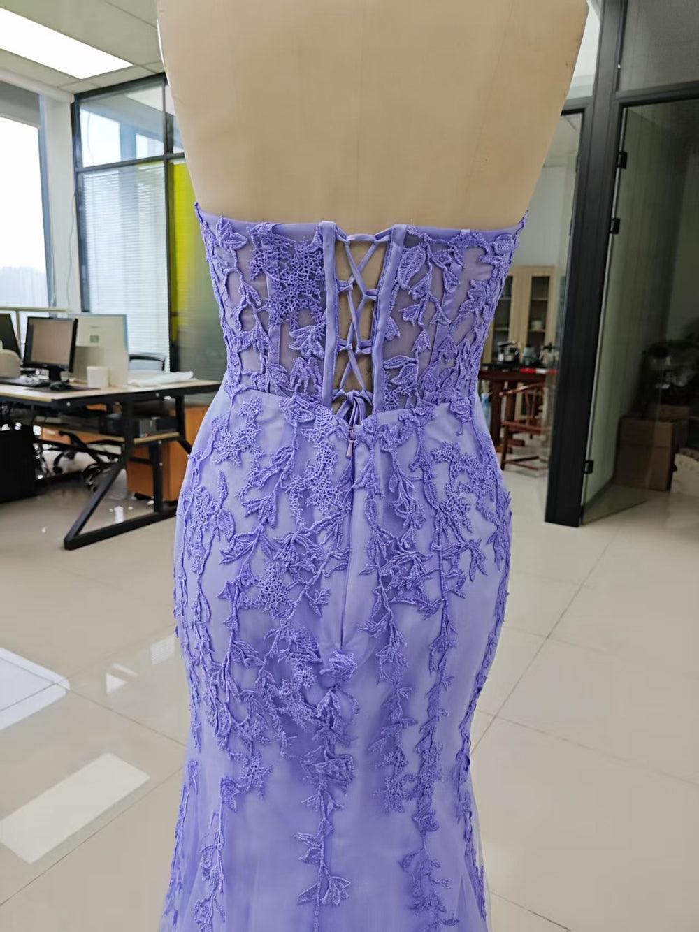 Vestido de fiesta largo morado con escote corazón y encaje de sirena, vestido formal PSK365