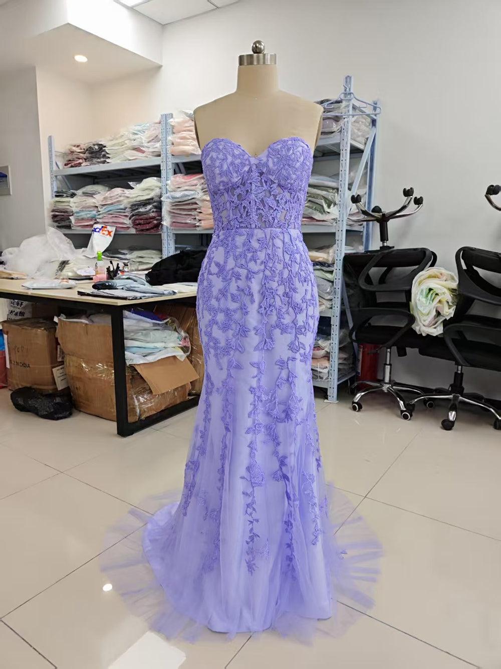 Vestido de fiesta largo morado con escote corazón y encaje de sirena, vestido formal PSK365